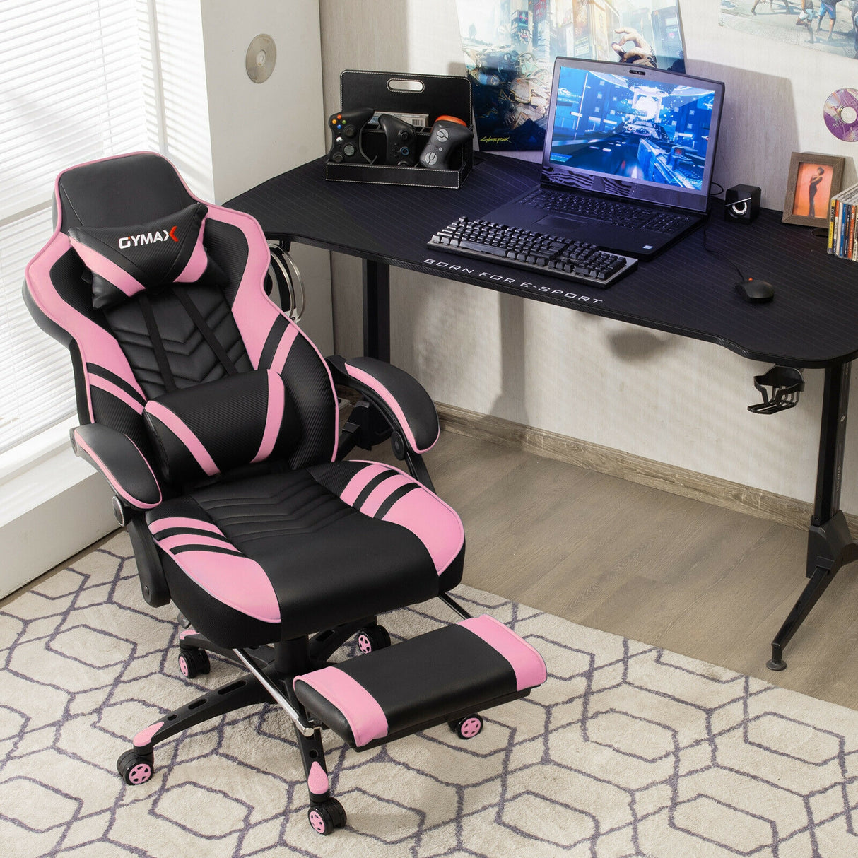 Adjustable Gaming Chair with Footrest for Home Office-Blue