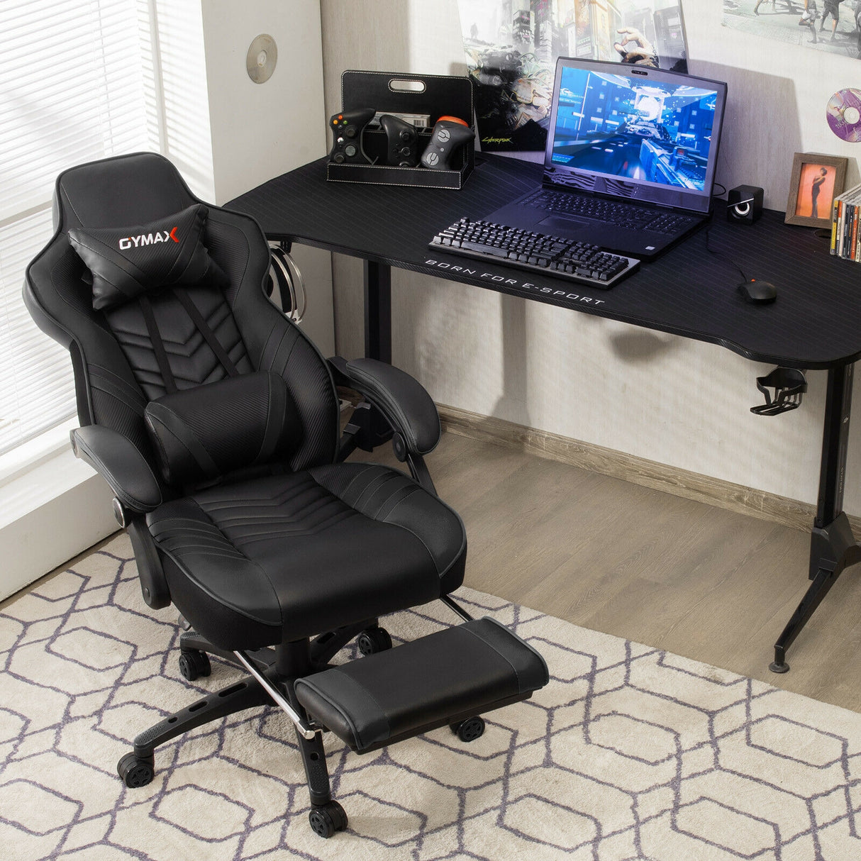 Adjustable Gaming Chair with Footrest for Home Office-Blue