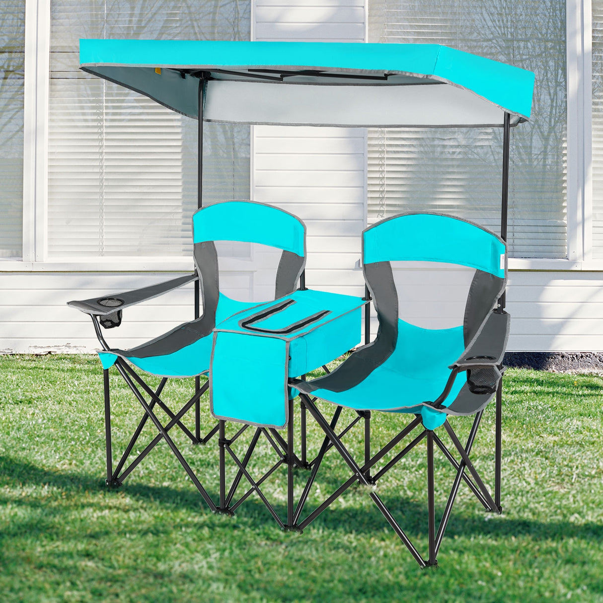 Patented Portable Folding Camping Canopy Chairs with Cup Holder-Blue