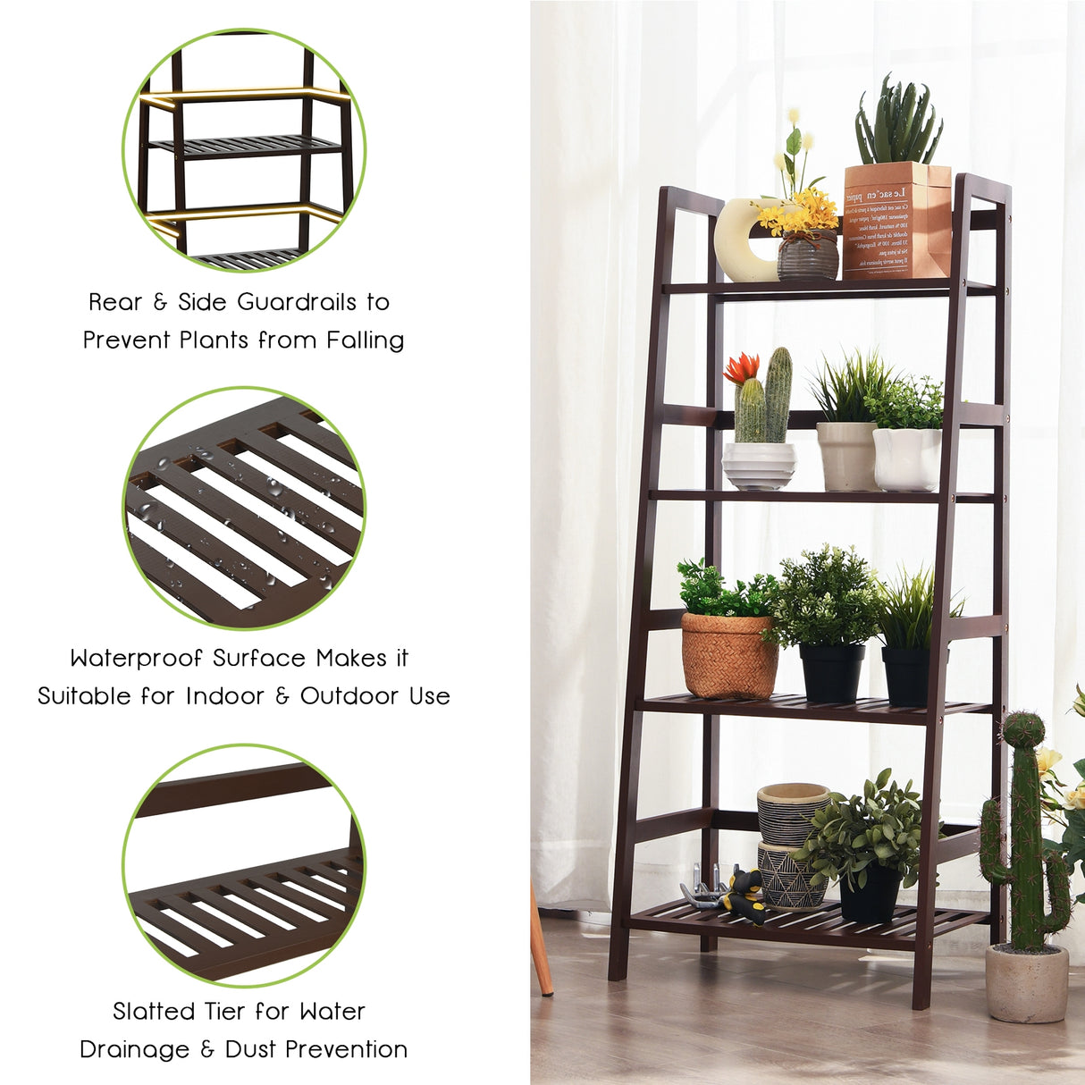 4-Tier Bamboo Plant Rack with Guardrails Stable and Space-Saving-Natural