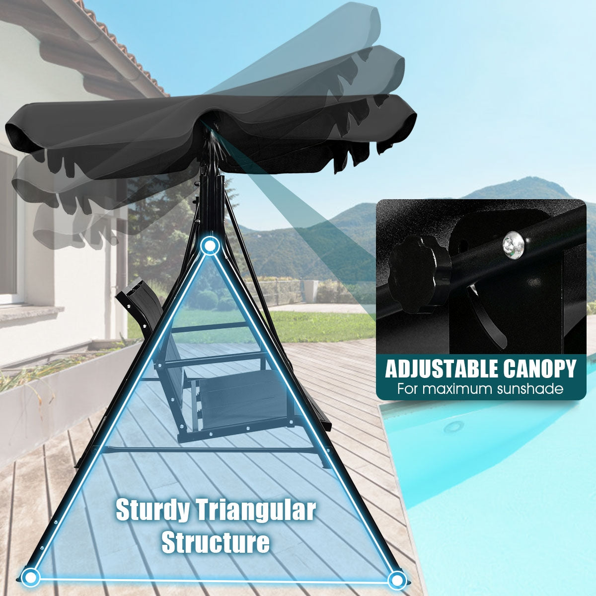 3 Person Steel Frame Patio Swing with Polyester Angle and Adjustable Canopy-Brown
