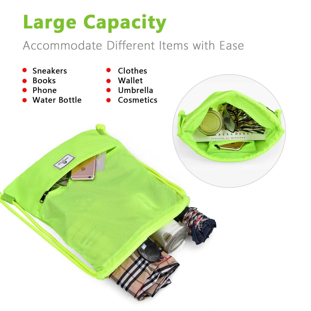 Drawstring Backpack String Bag Foldable Sports Sack with Zipper Pocket-Green