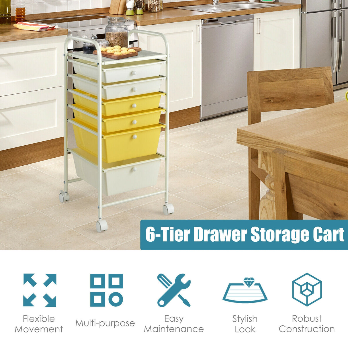 6 Drawers Rolling Storage Cart Organizer-Transparent Multicolor