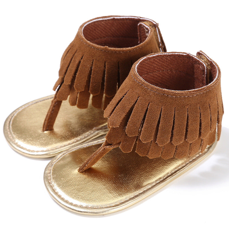 Baby Summer Newborn 0-18M Infant Baby Girls Children's Sandals Summer New Retro Tassel Flannel Baby Shoes Solid Non-slip