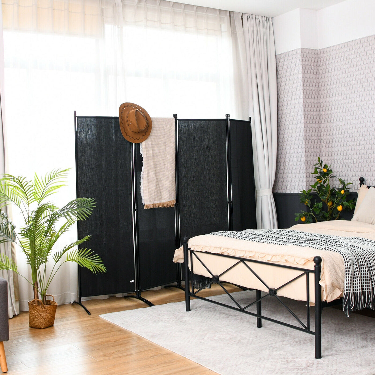 4-Panel Room Divider with Steel Frame-Black