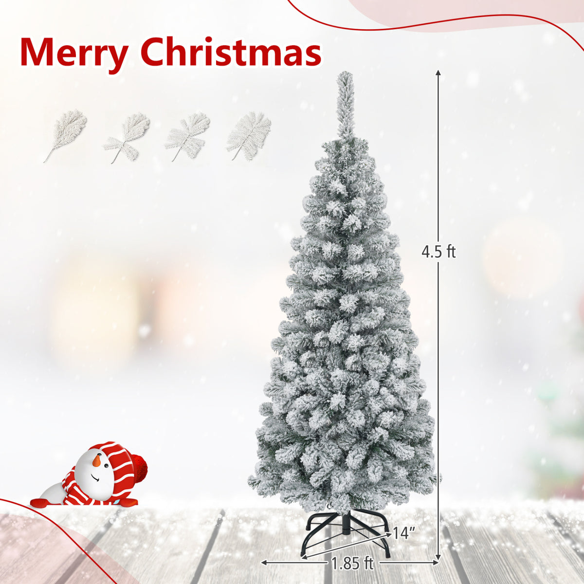 4.5 Feet Unlit Hinged Snow Flocked Artificial Pencil Christmas Tree with 242 Branch