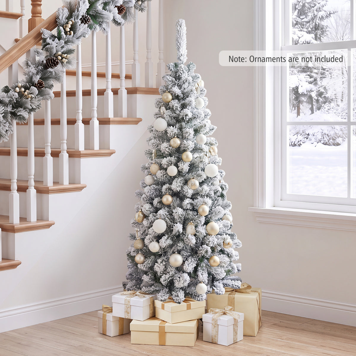4.5 Feet Unlit Hinged Snow Flocked Artificial Pencil Christmas Tree with 242 Branch