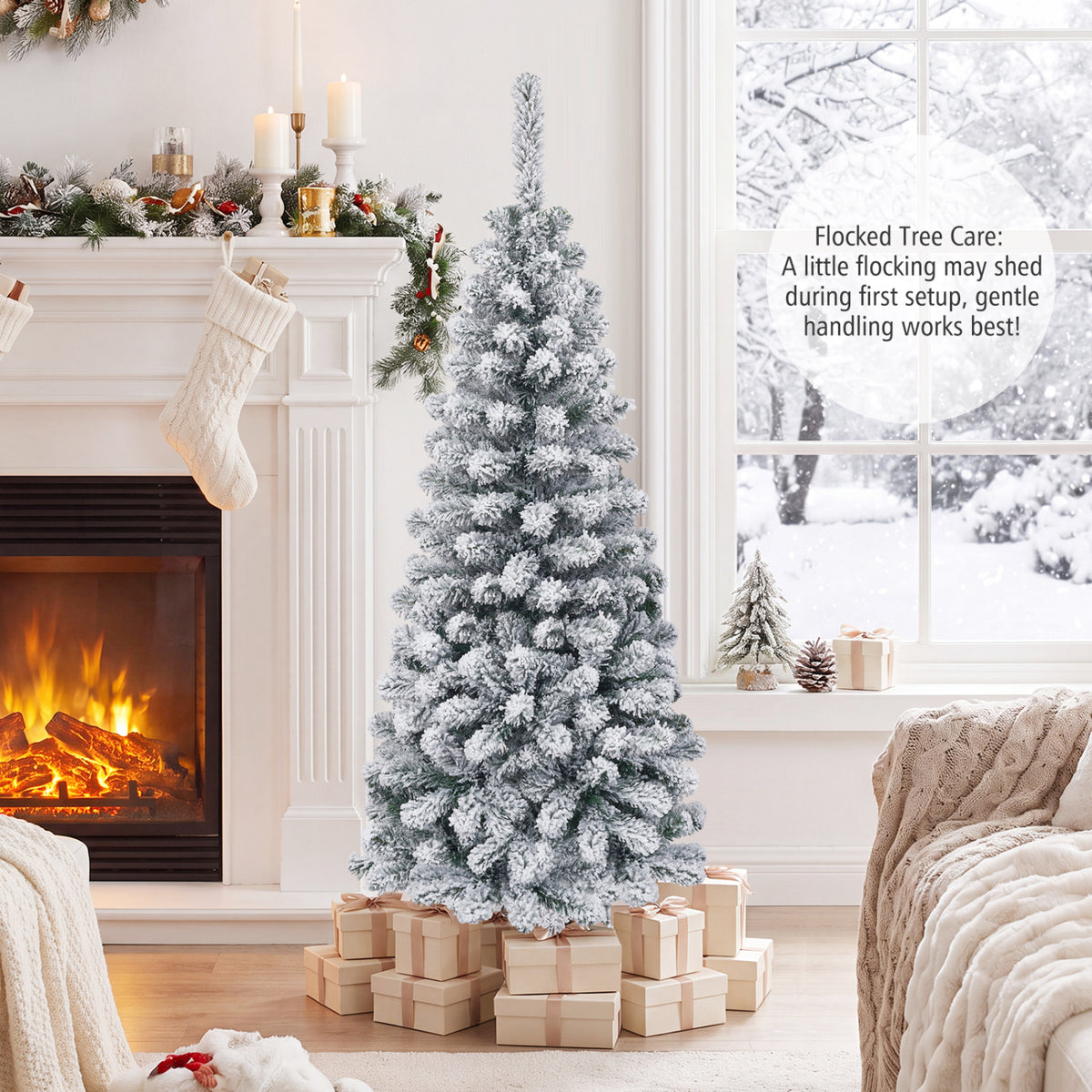 4.5 Feet Unlit Hinged Snow Flocked Artificial Pencil Christmas Tree with 242 Branch