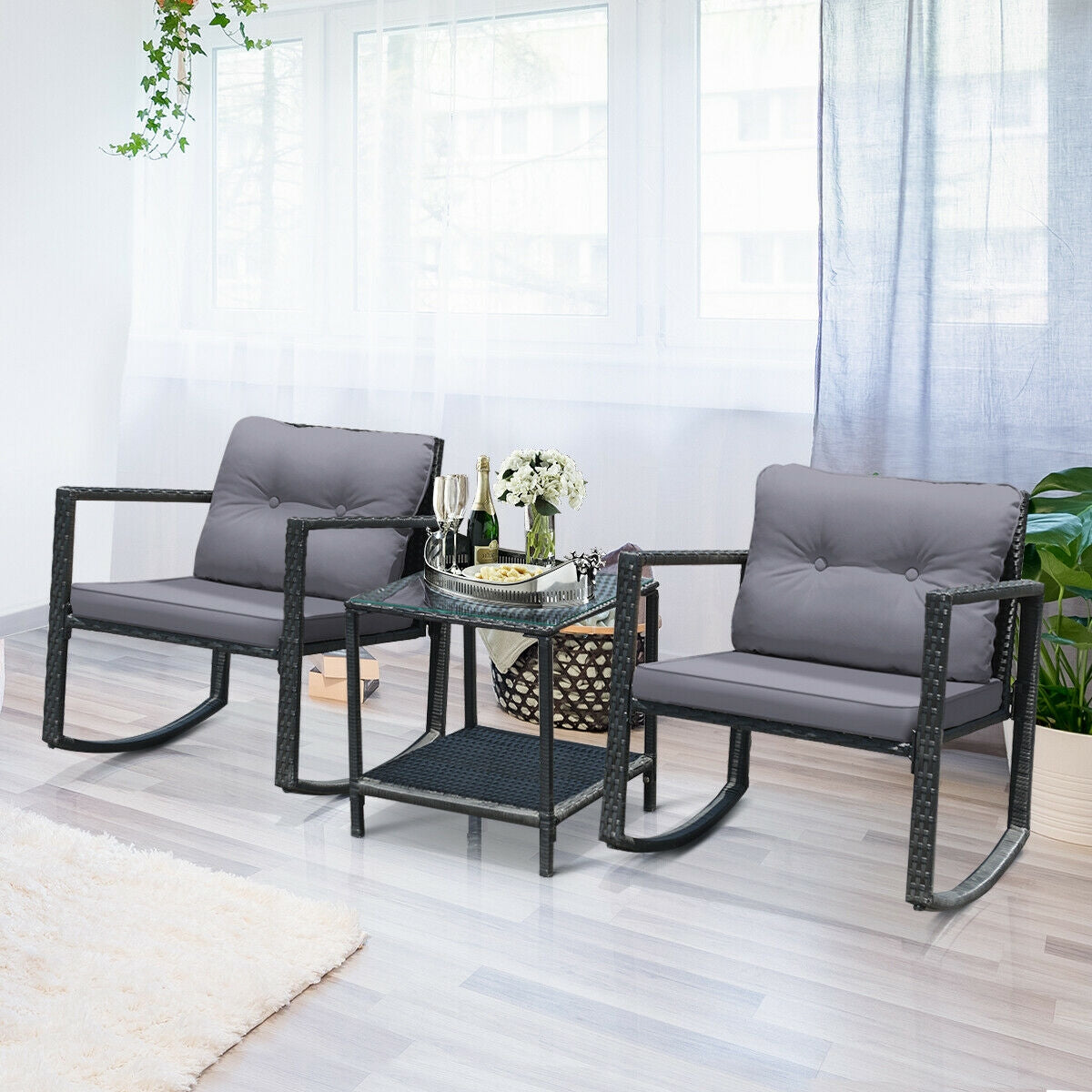 3 Pcs Wicker Rocking Bistro Set with Glass Coffee Table and Storage Shelf-Beige
