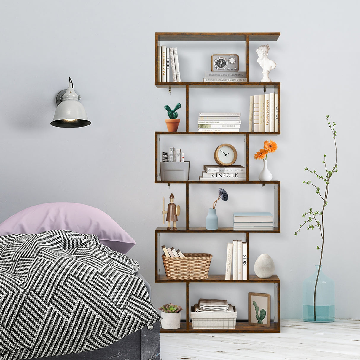 6 Tier S-Shaped Bookshelf Storage Display Bookcase Decor Z-Shelf -Black