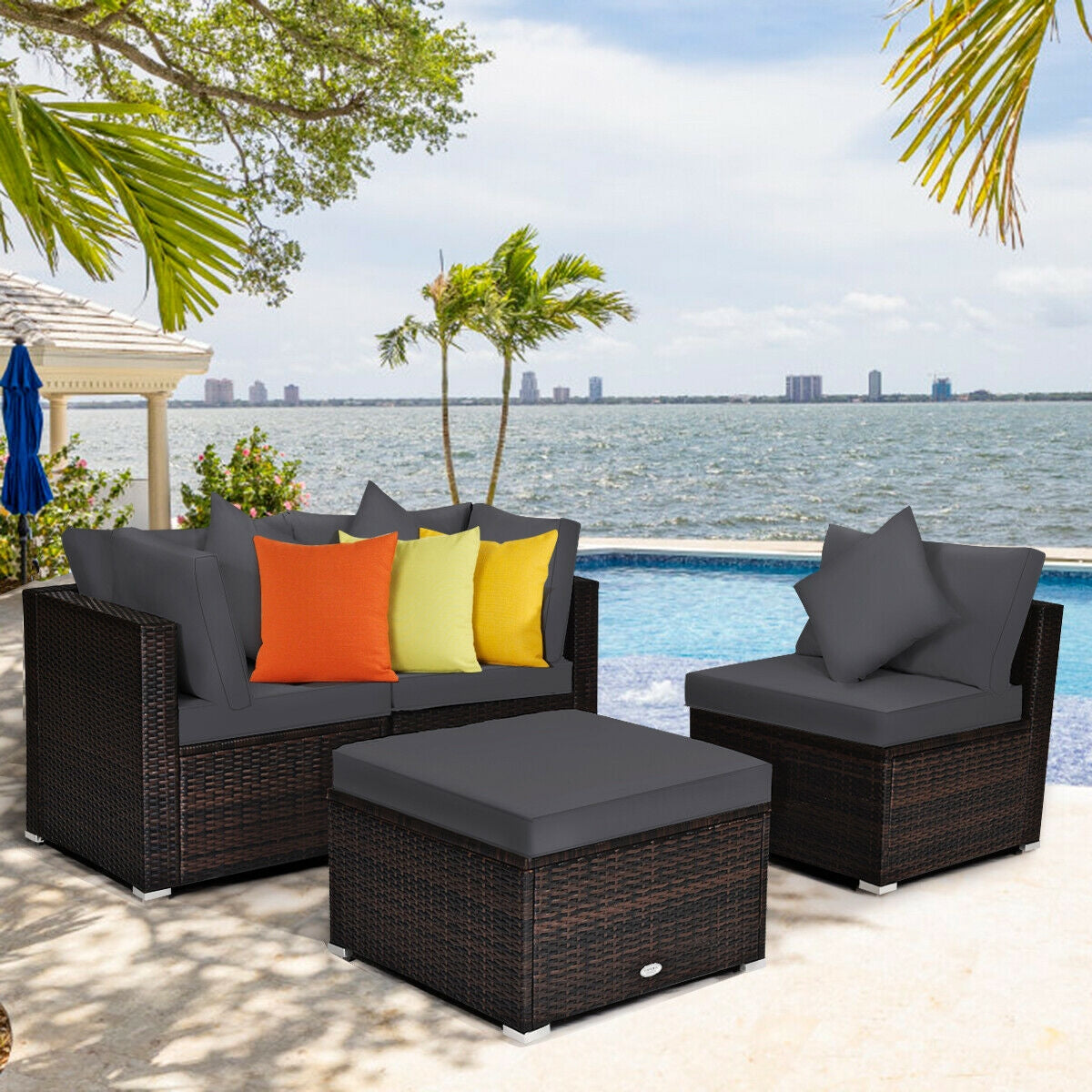 4 Pcs Ottoman Garden Deck Patio Rattan Wicker Furniture Set Cushioned Sofa-White