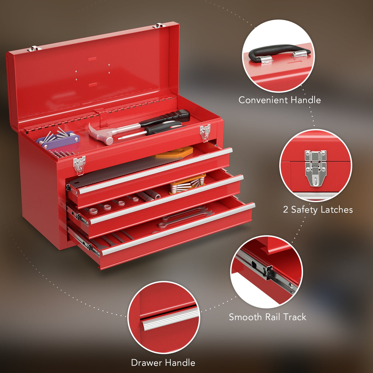Portable Garage Mechanic Tool Cabinet Box with 3 Drawers-Red