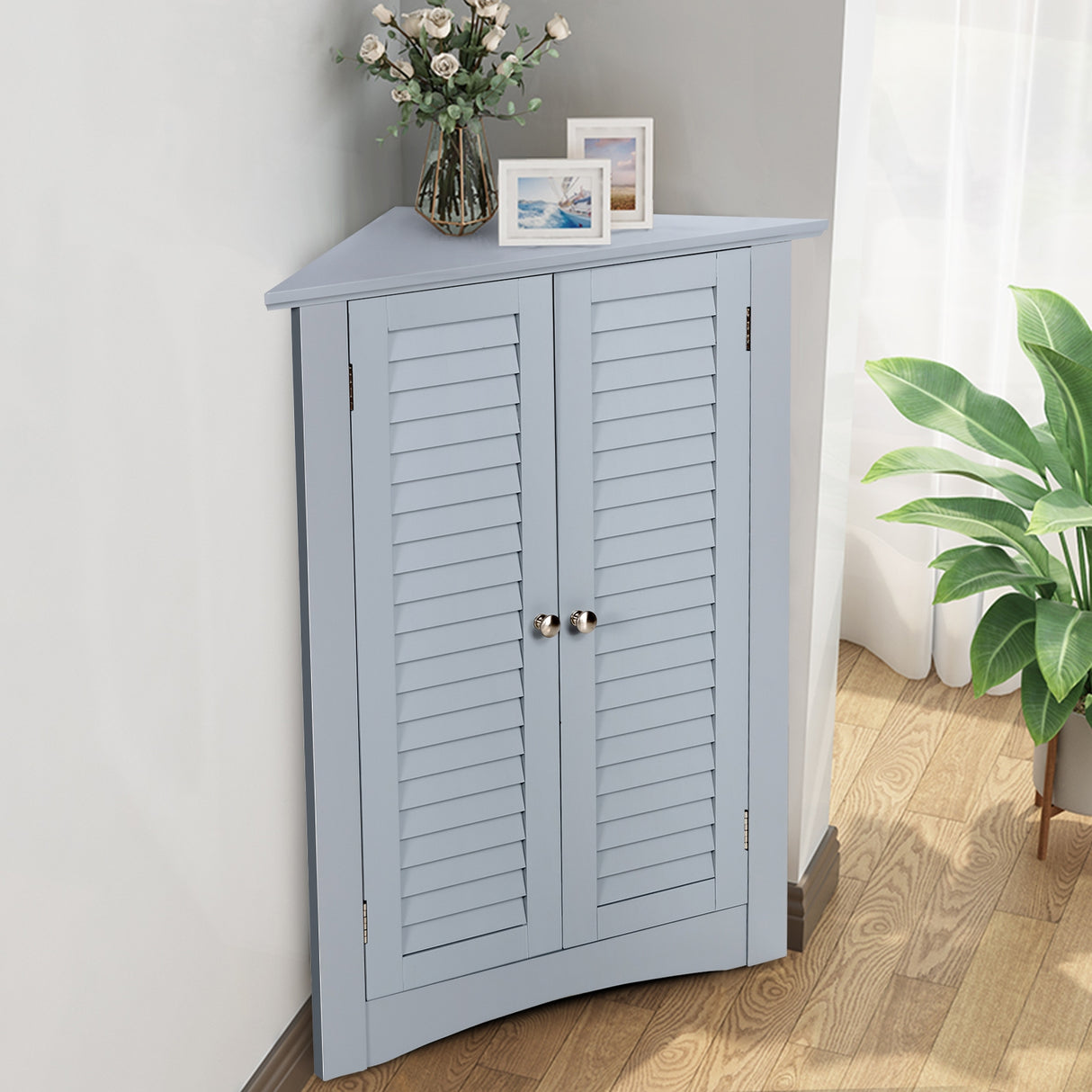 Adjustable Corner Storage Cabinet with Shutter Doors-White