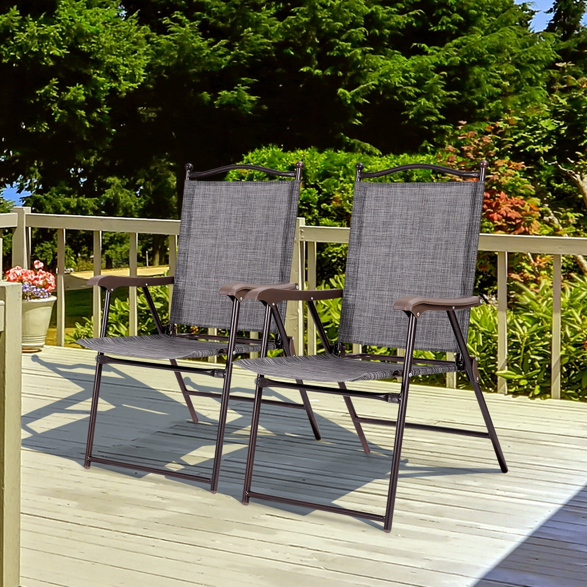 Set of 2 Patio Folding Sling Back Camping Deck Chairs-Black