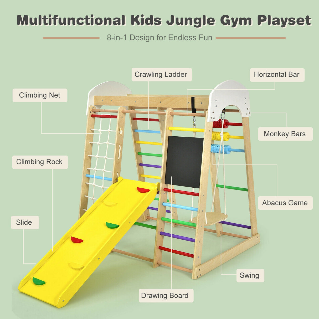 Indoor Playground Climbing Gym Wooden 8-in-1 Climber Playset for Children-Natural