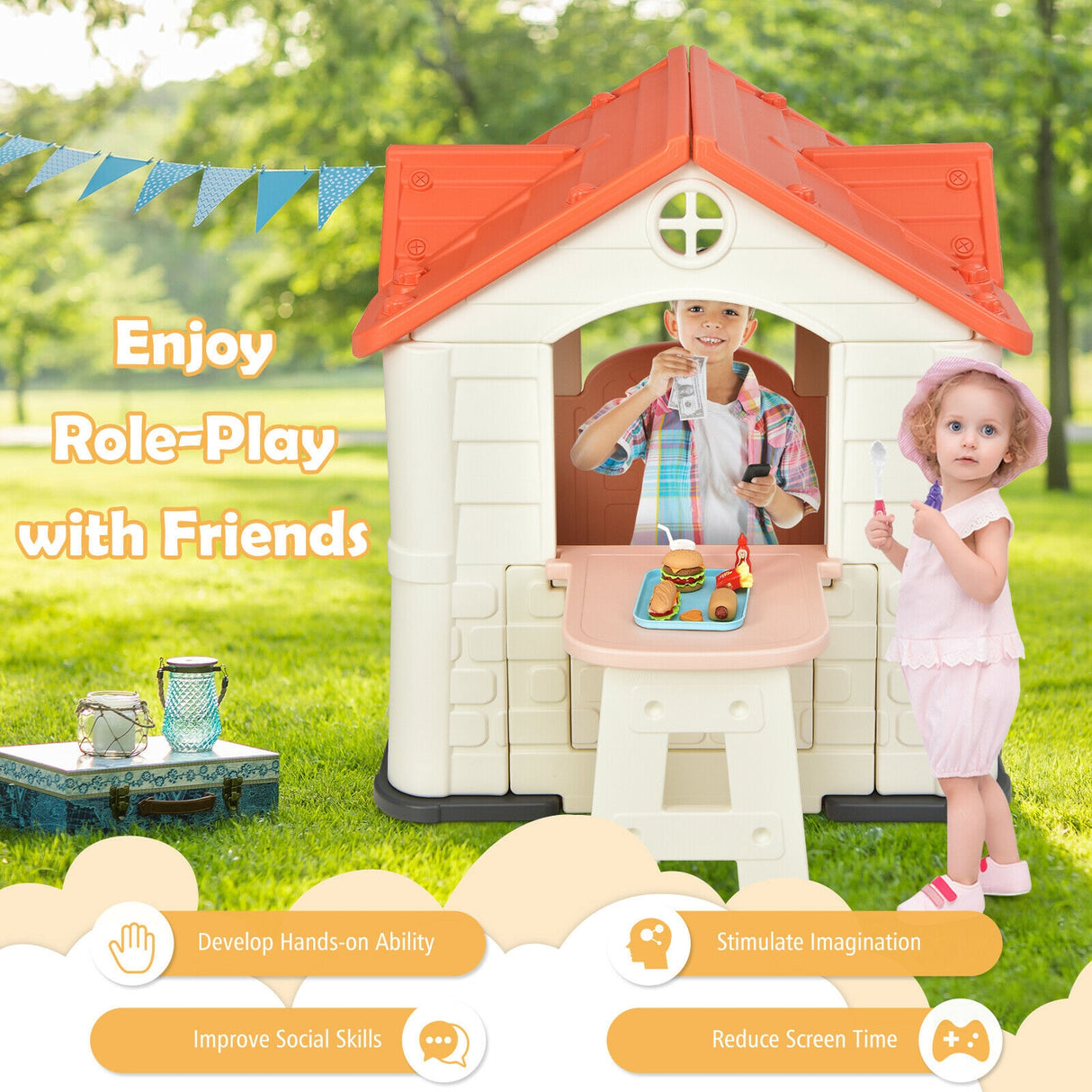 Kid ™s Playhouse Pretend Toy House For Boys and Girls 7 Pieces Toy Set-Pink