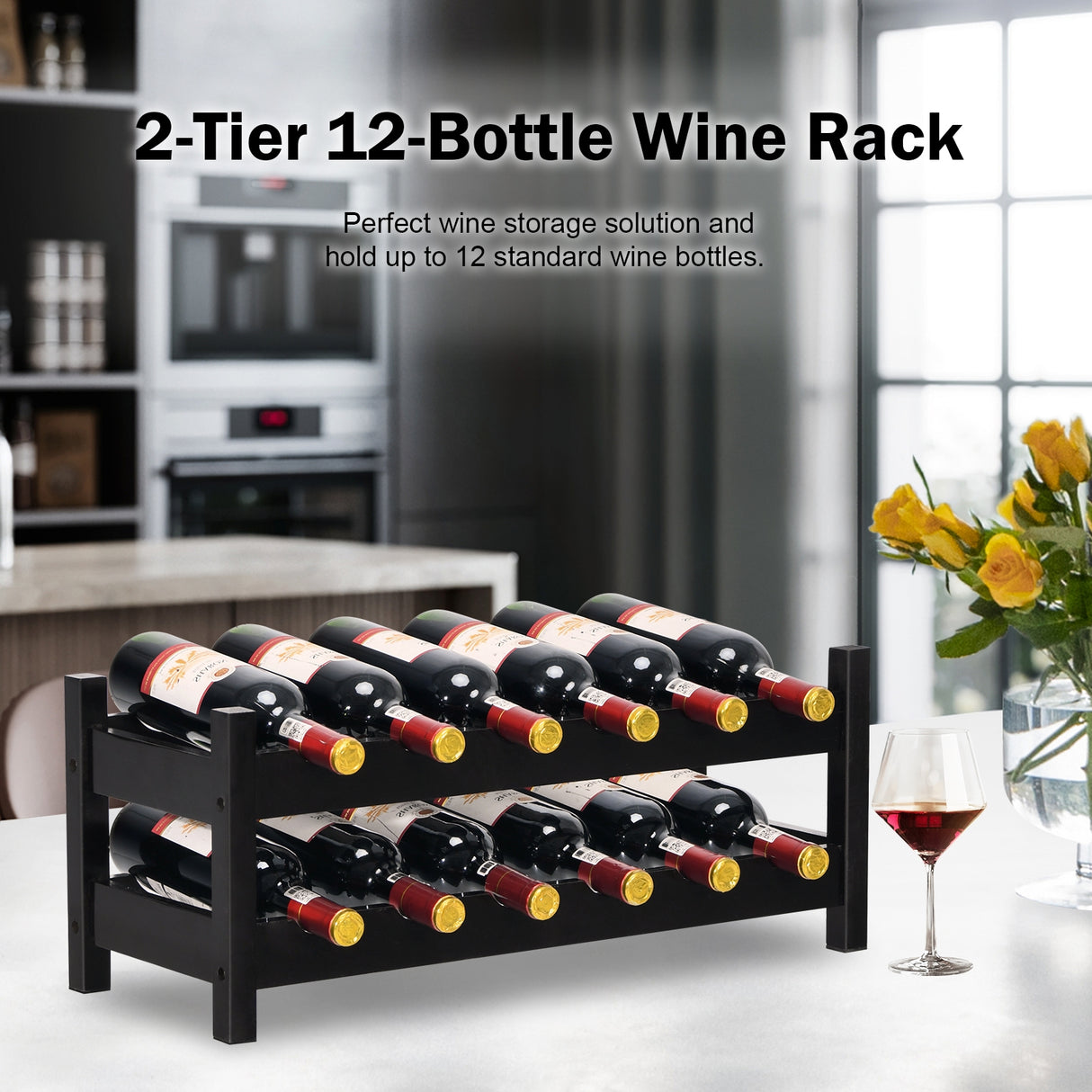 2-Tier 12 Bottles Bamboo Storage Shelf Wine Rack-Natural