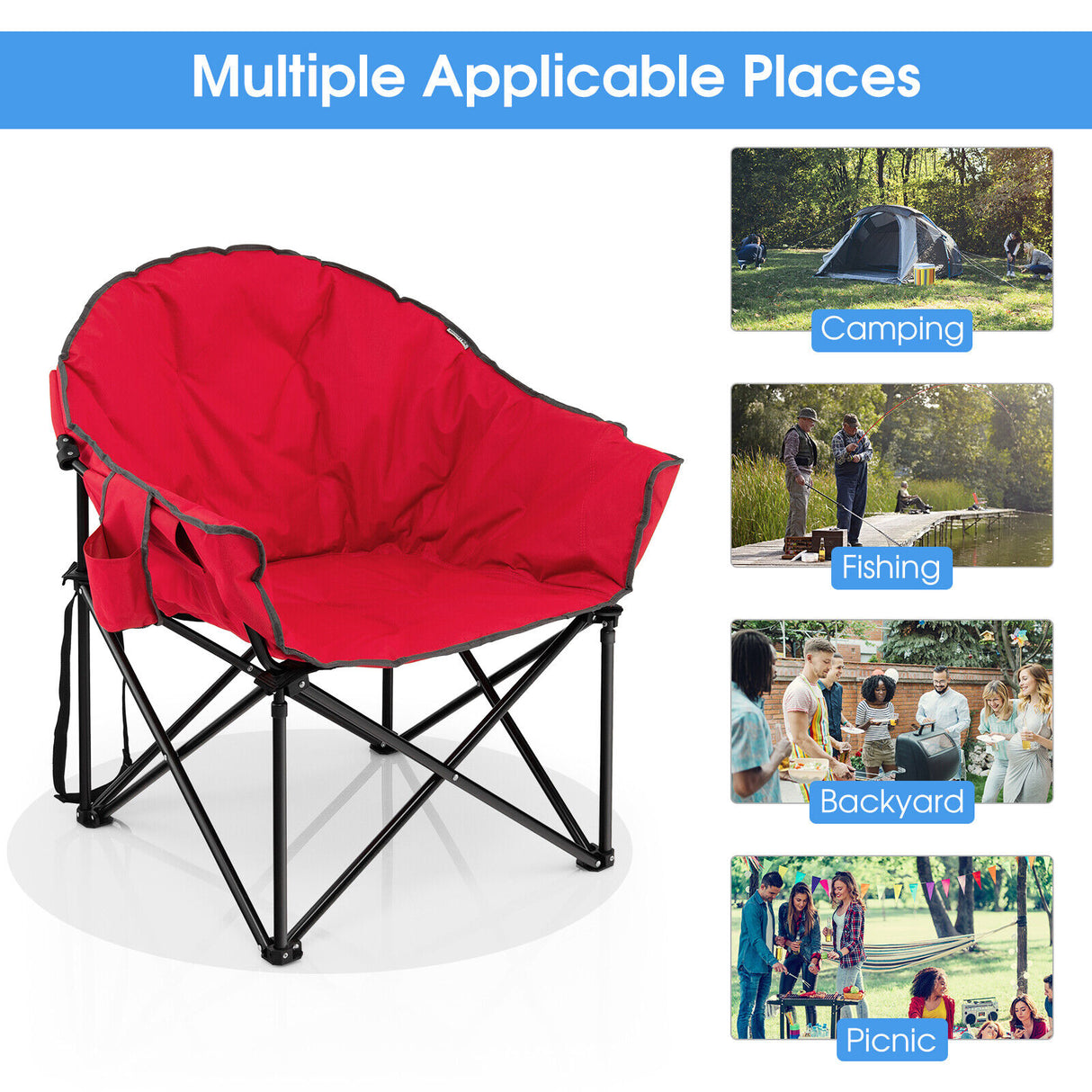 Folding Camping Moon Padded Chair with Carrying Bag-Gray