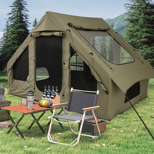 4-6 People Inflatable Camping Tent with 4 Mesh Screen Windows and 2 Doors-Green