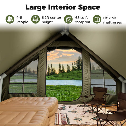 4-6 People Inflatable Camping Tent with 4 Mesh Screen Windows and 2 Doors-Green