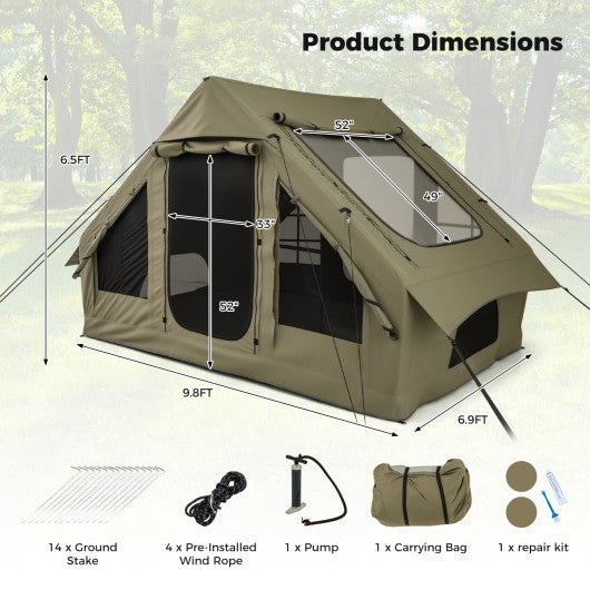 4-6 People Inflatable Camping Tent with 4 Mesh Screen Windows and 2 Doors-Green