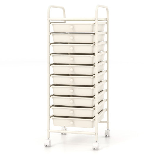 10 Drawer Rolling Storage Cart Organizer with 4 Universal Casters-White