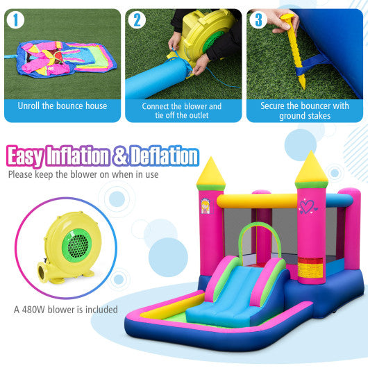 Inflatable Bounce House 4-in-1 Kids Princess-themed Bouncer Blow-up Bouncy Castle with 480 Blower