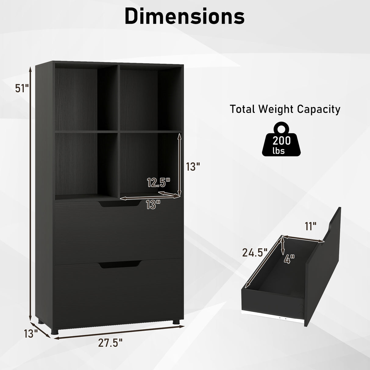 4-Cube Bookcase with 2 Drawers 51 inch 5-Tier Tall Freestanding Bookshelf-Black