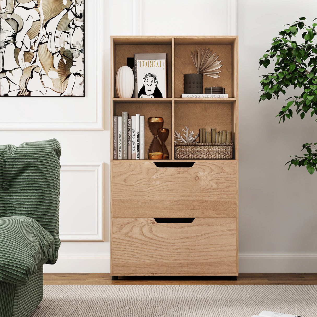 4-Cube Bookcase with 2 Drawers 51 inch 5-Tier Tall Freestanding Bookshelf-Natural