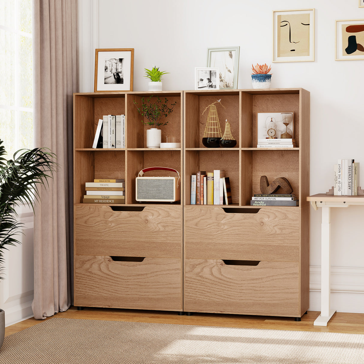4-Cube Bookcase with 2 Drawers 51 inch 5-Tier Tall Freestanding Bookshelf-Natural