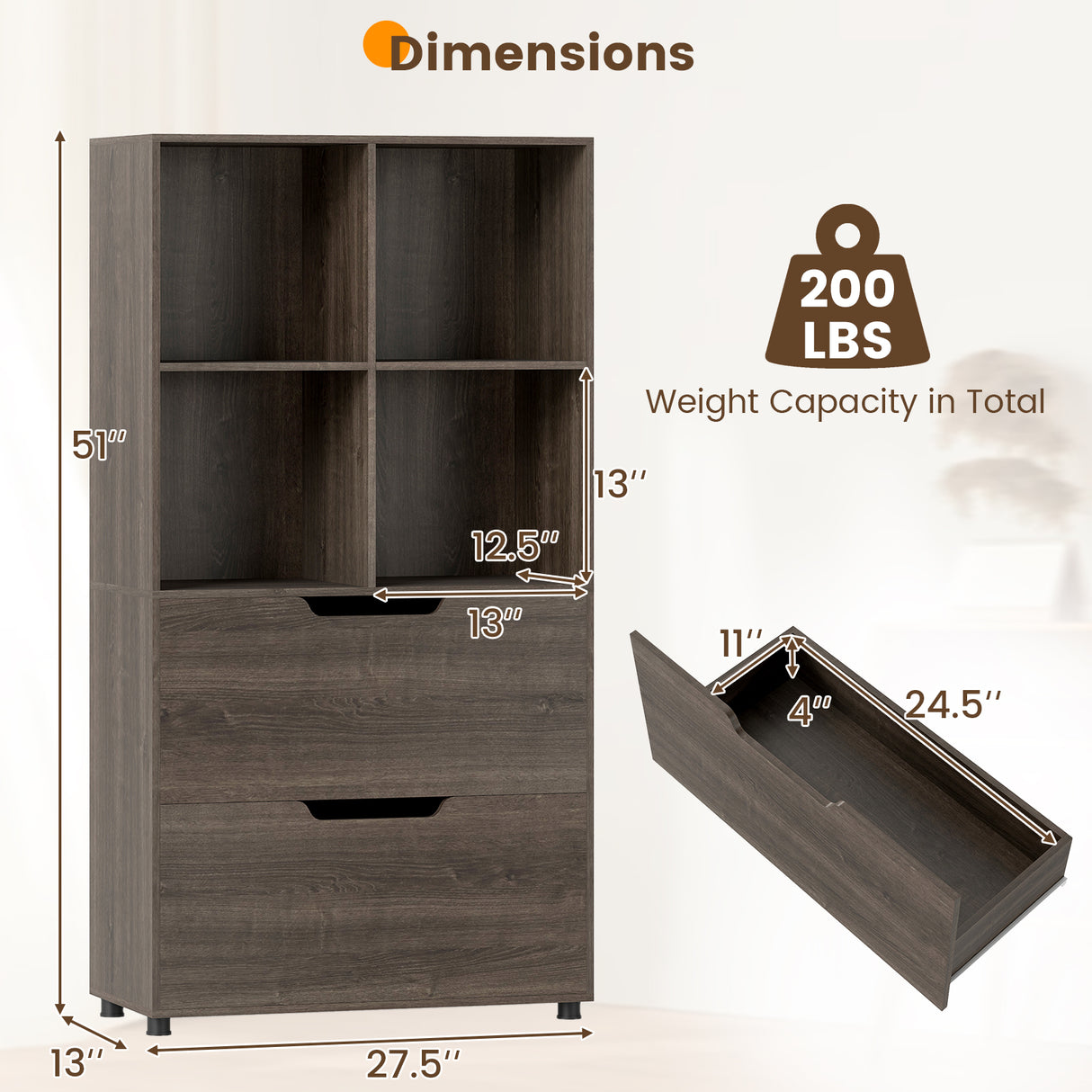 4-Cube Bookcase with 2 Drawers 51 inch 5-Tier Tall Freestanding Bookshelf-Gray