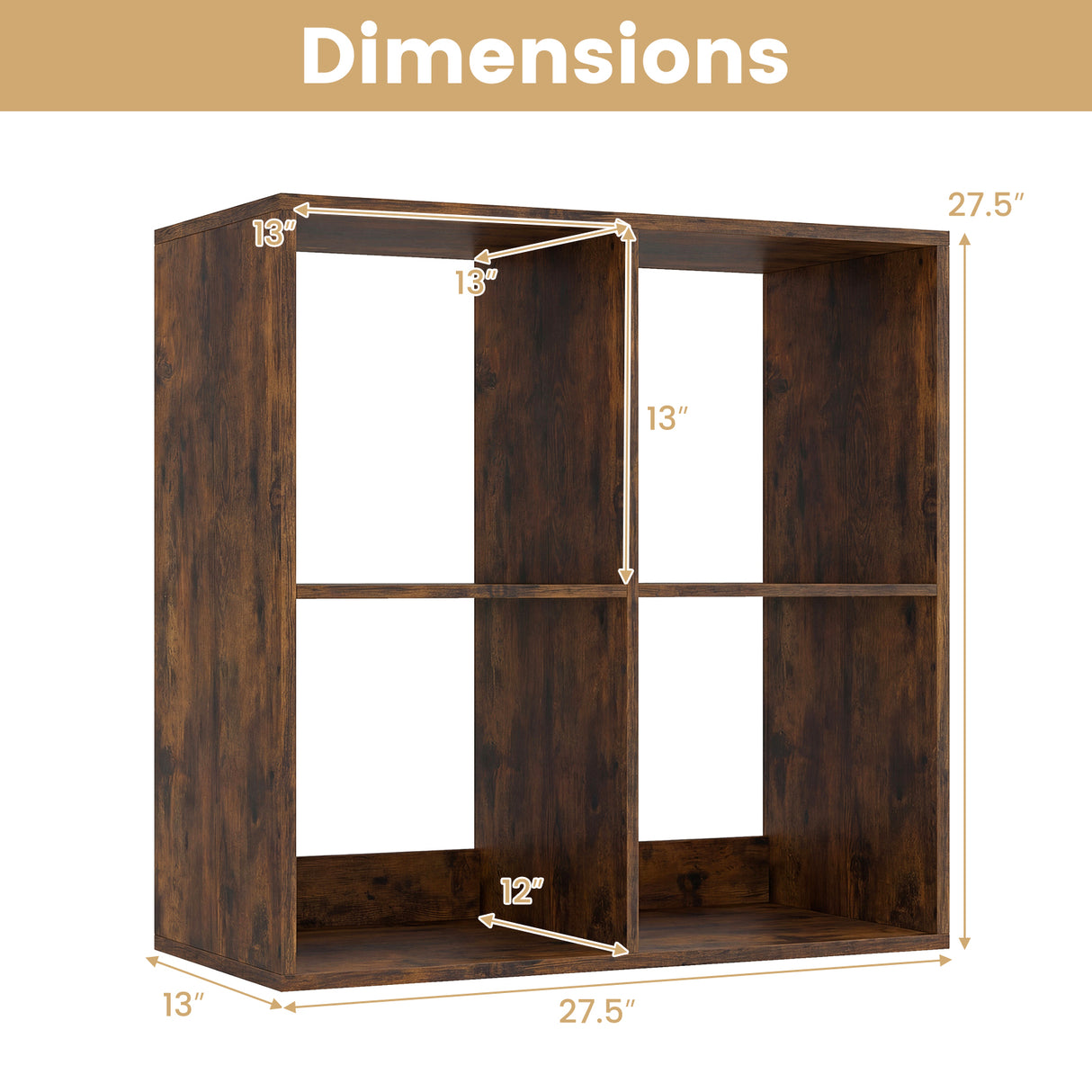 4 Cube Bookshelf with Back Guardrail for Living Room Bedroom-Coffee