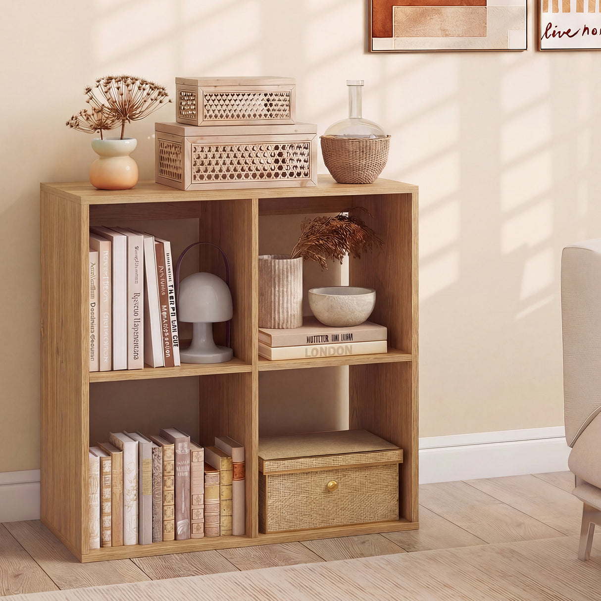 4 Cube Bookshelf with Back Guardrail for Living Room Bedroom-Natural