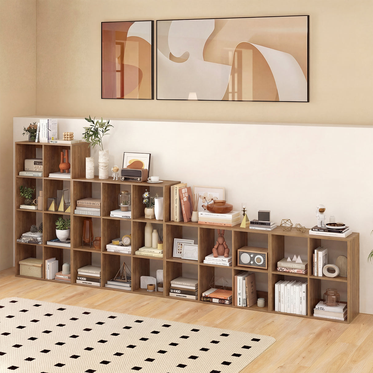 4 Cube Bookshelf with Back Guardrail for Living Room Bedroom-Natural