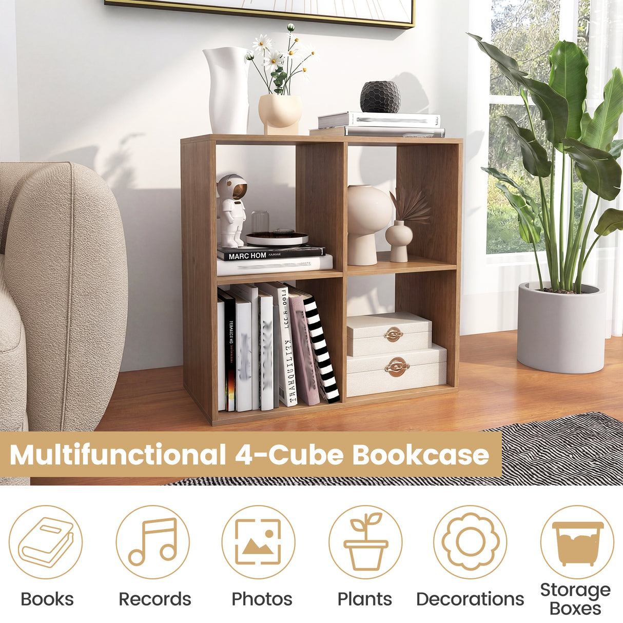 4 Cube Bookshelf with Back Guardrail for Living Room Bedroom-Natural