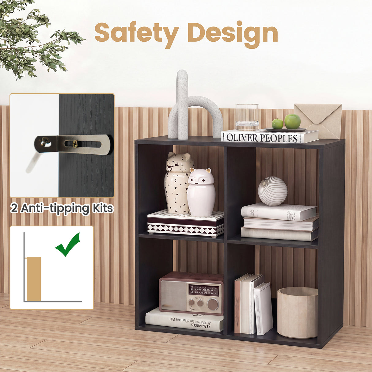 4 Cube Bookshelf with Back Guardrail for Living Room Bedroom-Black