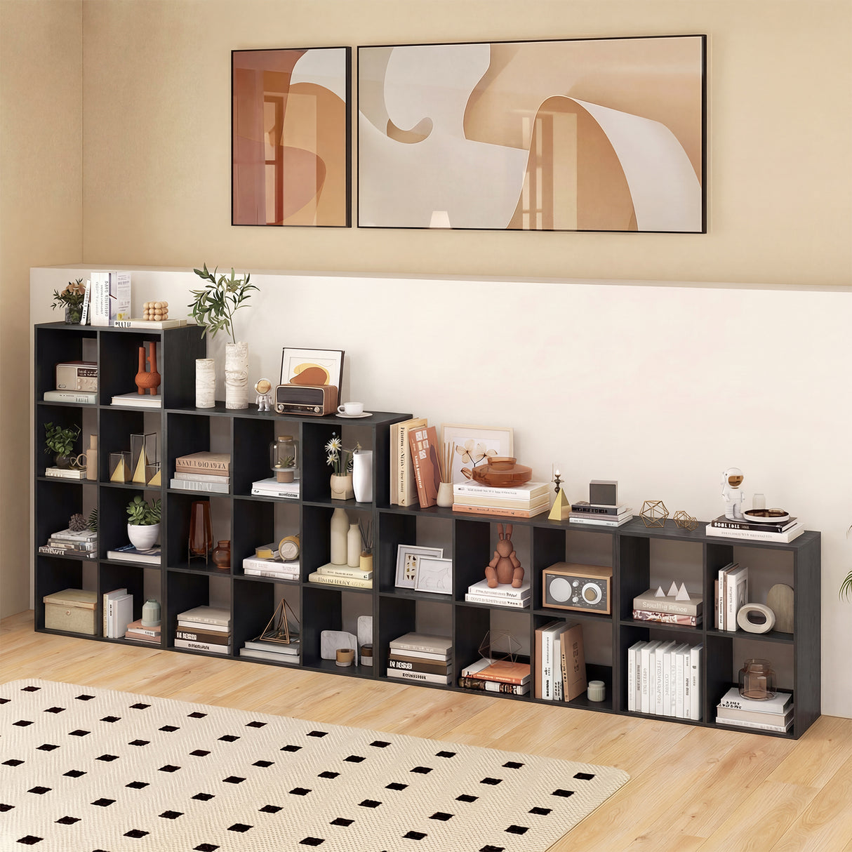 4 Cube Bookshelf with Back Guardrail for Living Room Bedroom-Black