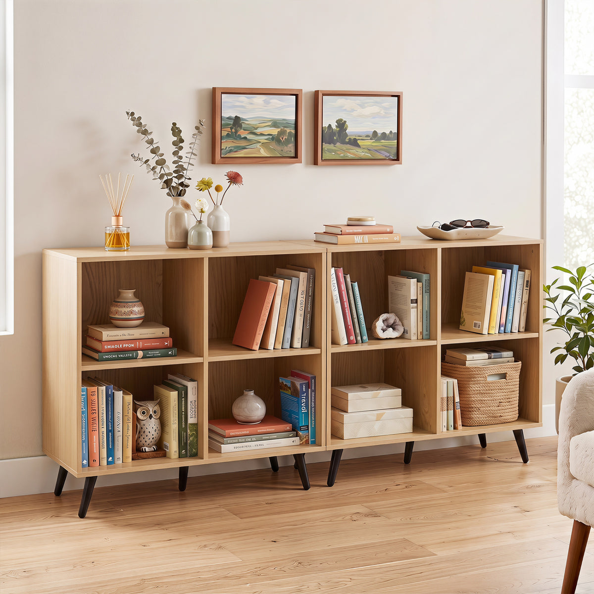 4-Cube Wooden Bookshelf Bookcase with 5 Metal Legs for Home-Natural