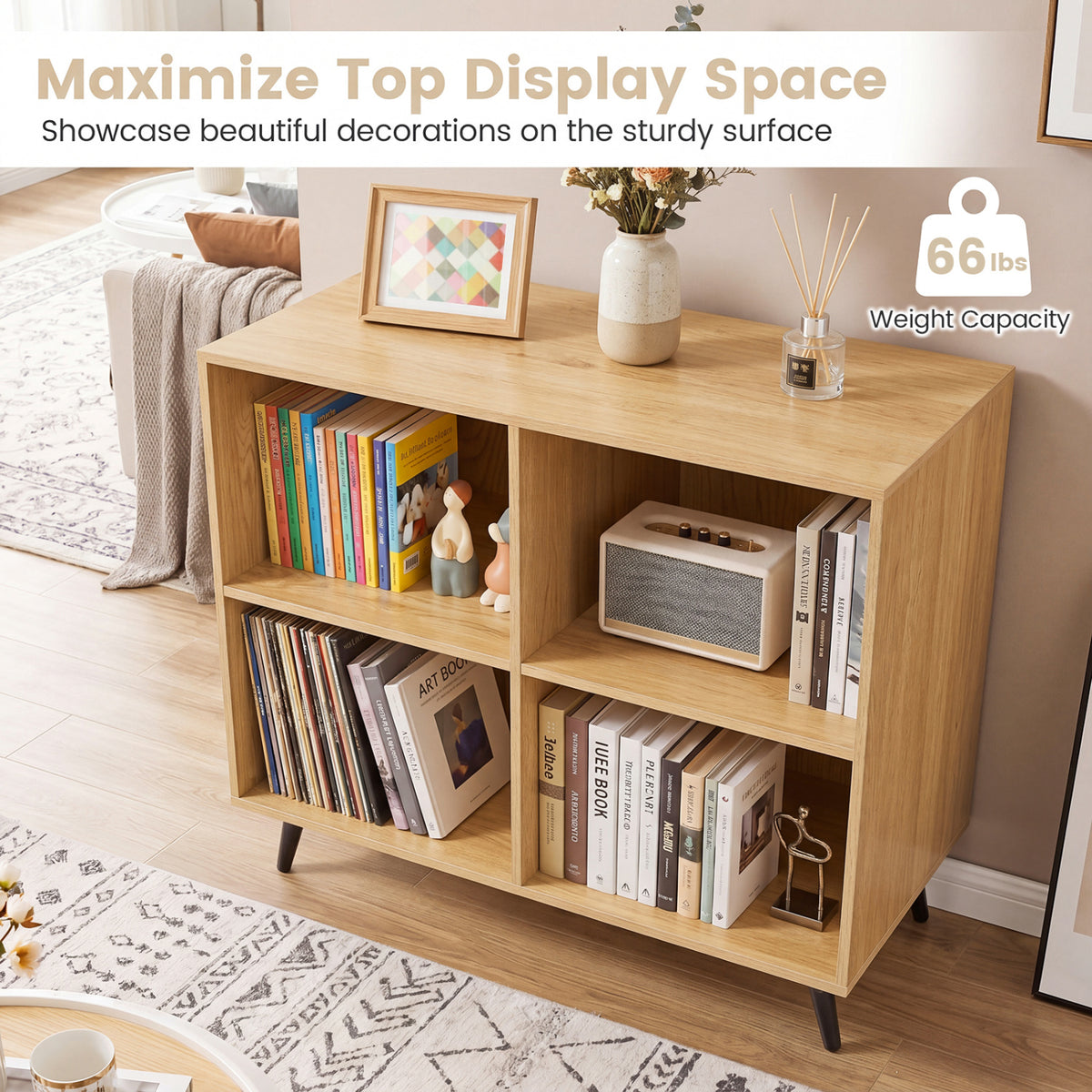 4-Cube Wooden Bookshelf Bookcase with 5 Metal Legs for Home-Natural