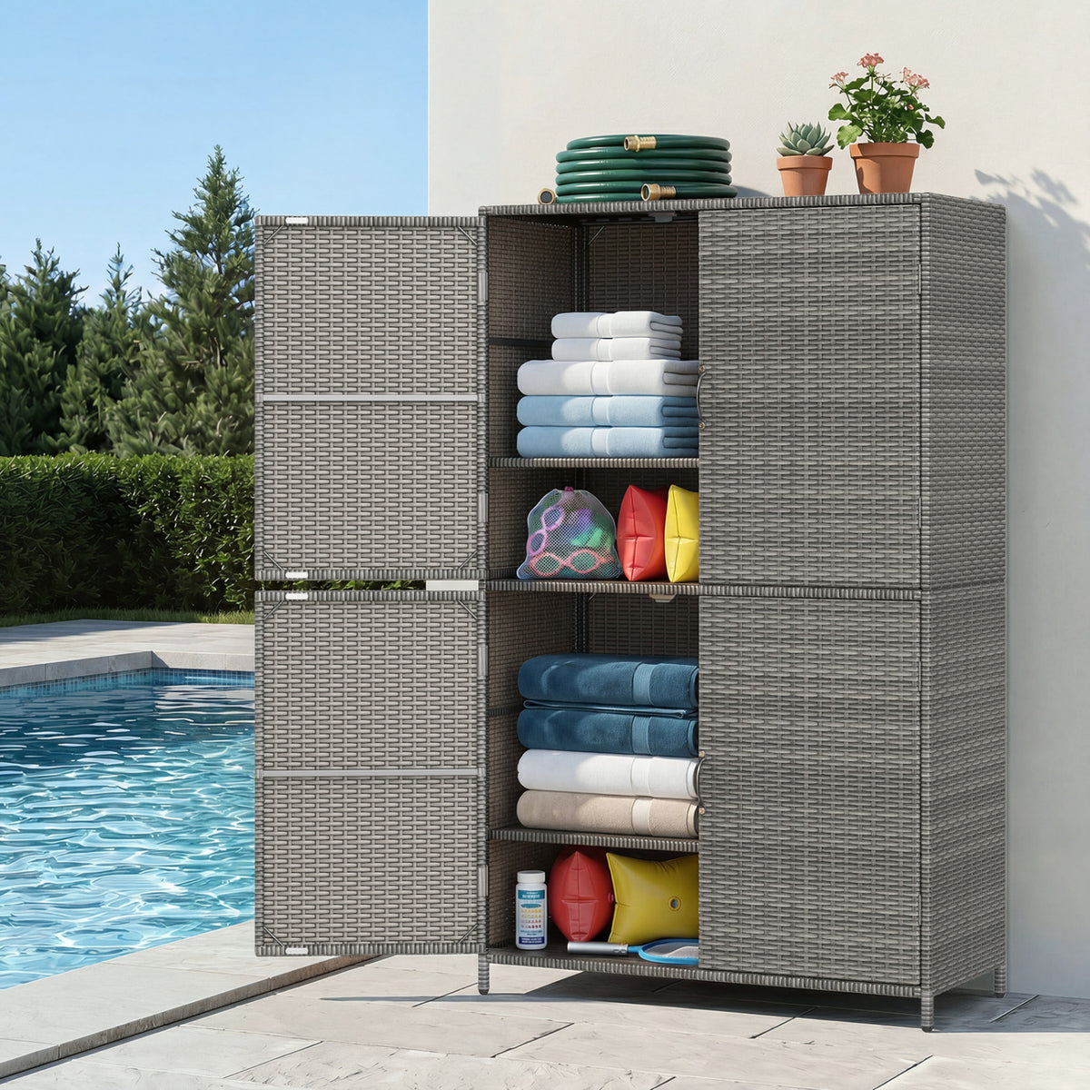 4-Door Rattan Vertical Storage Shed with Adjustable Shelves-Gray