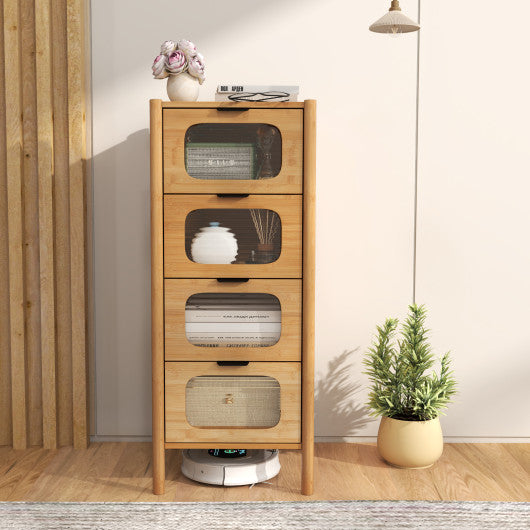 4-Drawer Dresser Bamboo Storage Cabinet with Fluted Tempered Glass Drawers-Natural