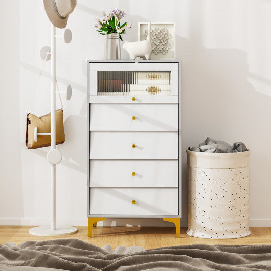 4 Drawer Modern Storage Cabinet with Flip Up Fluted Glass Door-Gray and White