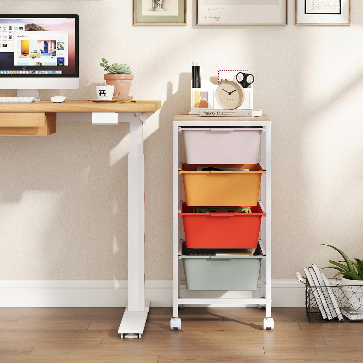 4-Drawer Rolling Storage Cart Mobile Utility Organizer with Wooden Tabletop and Lockable Wheels-Macaron