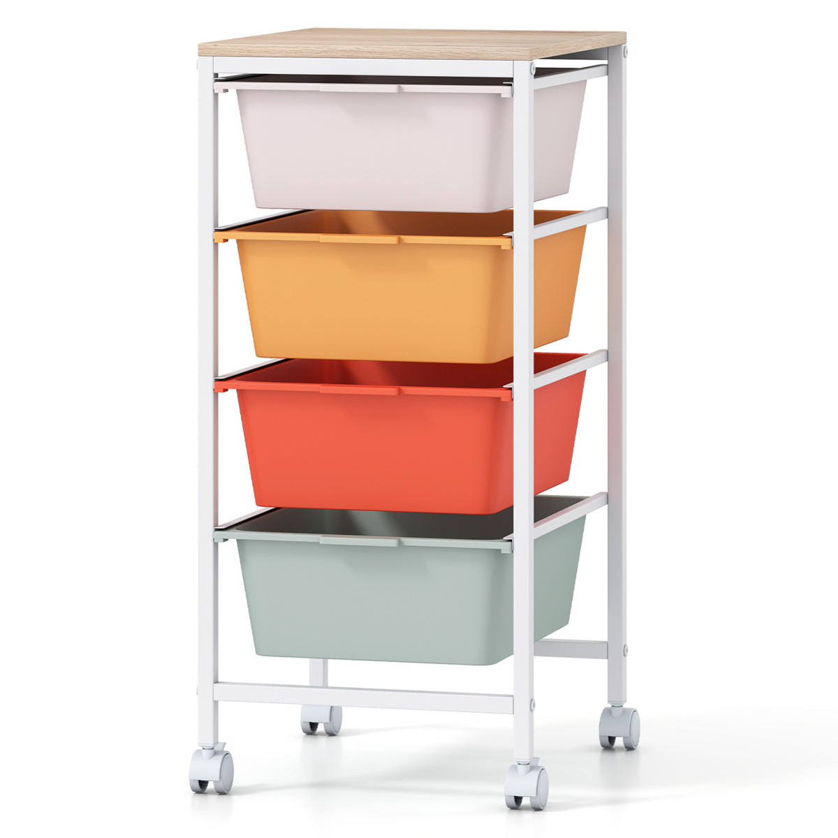 4-Drawer Rolling Storage Cart Mobile Utility Organizer with Wooden Tabletop and Lockable Wheels-Macaron