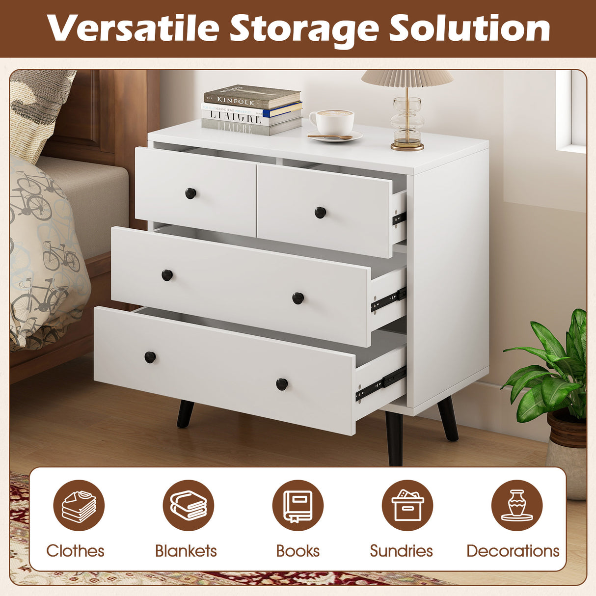 4 Drawers Dresser Chest of Drawers Free Standing Sideboard Cabinet-White