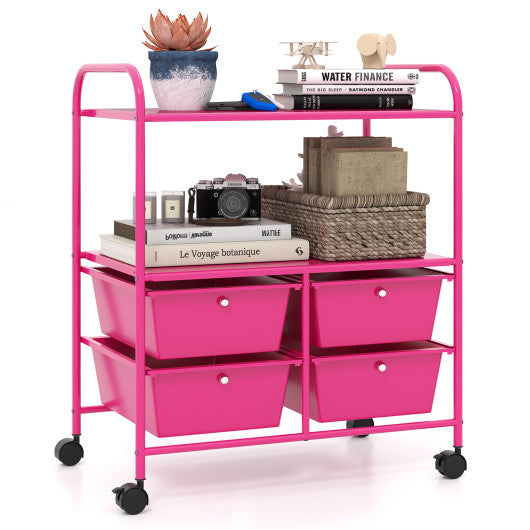 4 Drawers Shelves Rolling Storage Cart Rack-Hot Pink
