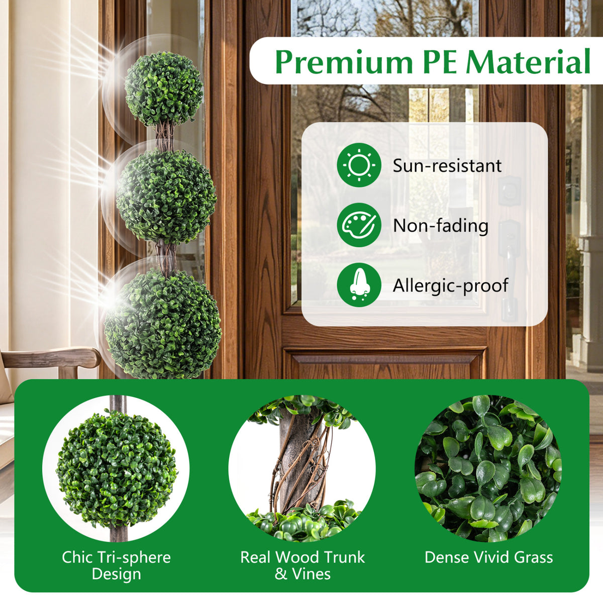 4 FT Artificial Triple Ball Boxwood Tree with Cement-filled Retro Planter-Green
