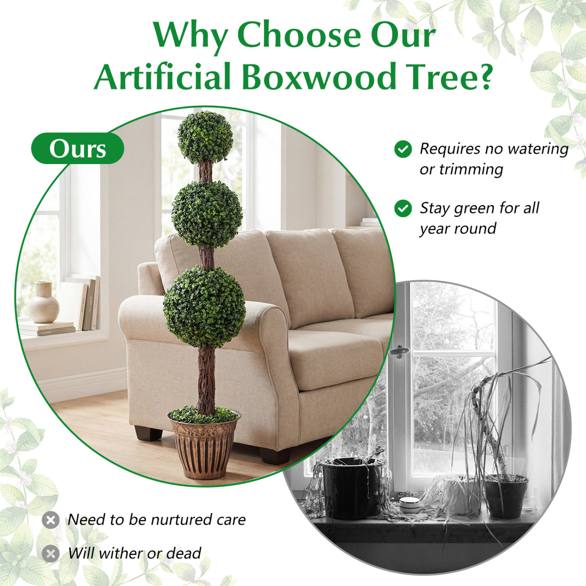 4 FT Artificial Triple Ball Boxwood Tree with Cement-filled Retro Planter Set of 2-Green