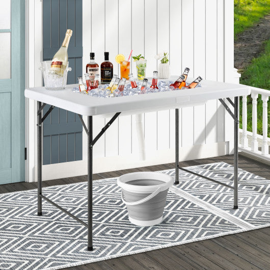 4 Feet Folding Ice Bin Table with Skirt for Camping Picnic Wedding with Ice Bucket-White