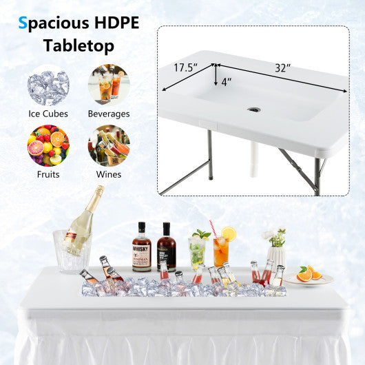 4 Feet Folding Ice Bin Table with Skirt for Camping Picnic Wedding with Ice Bucket-White